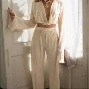12th Tribe Marcella Champagne Surplice Plisse Top (M) and Pants (L)